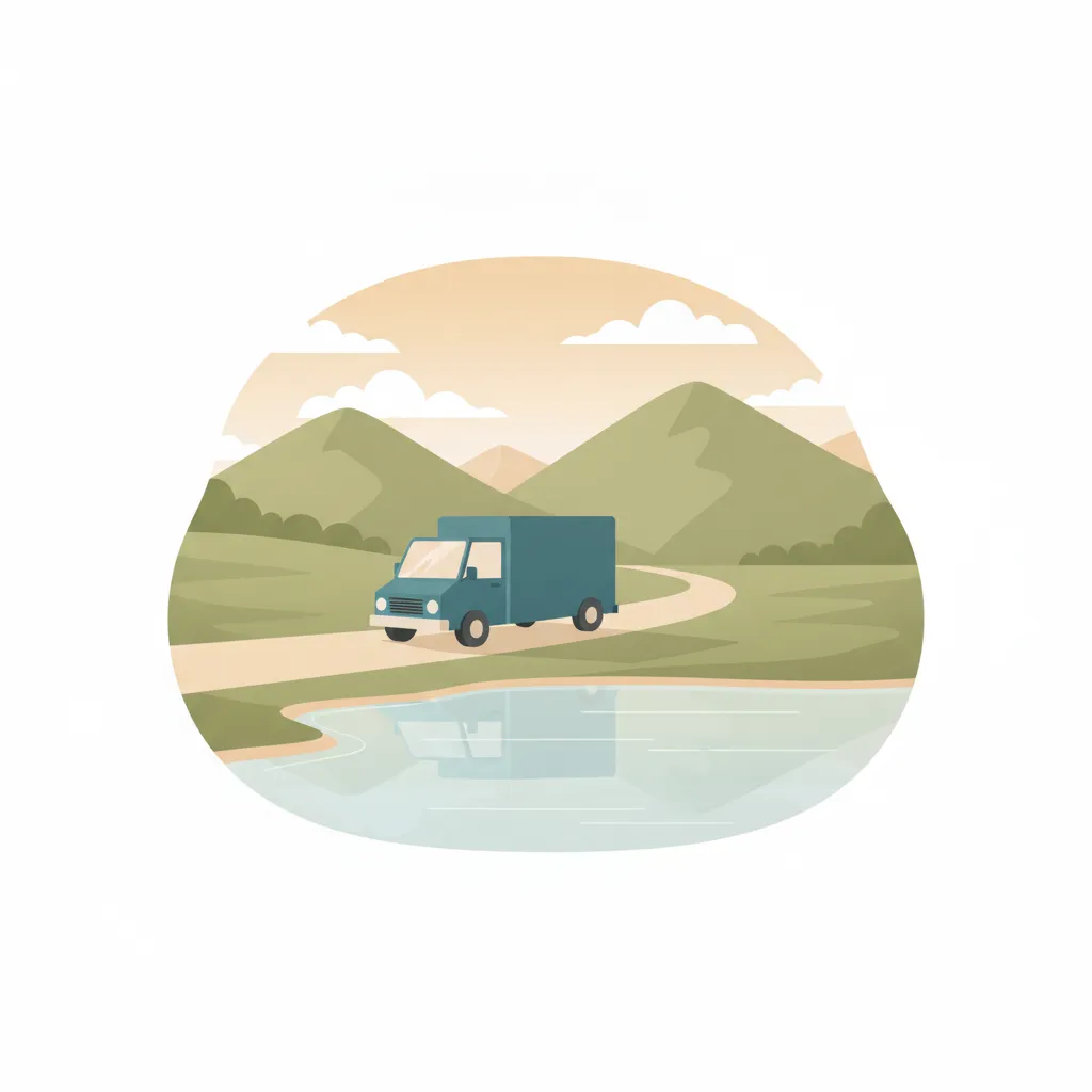 Comic-Illustration: kleiner blauer Transporter fährt vor Schweizer Bergpanorama mit Bodensee – Beiladung von München in die Schweiz