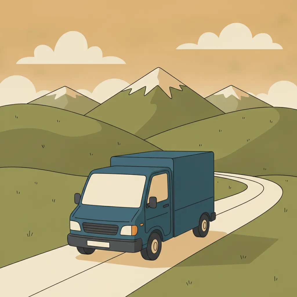 Comic-Illustration: kleiner blauer Transporter fährt vor österreichischer Alpenlandschaft mit Bergen – Beiladung nach Österreich ab München