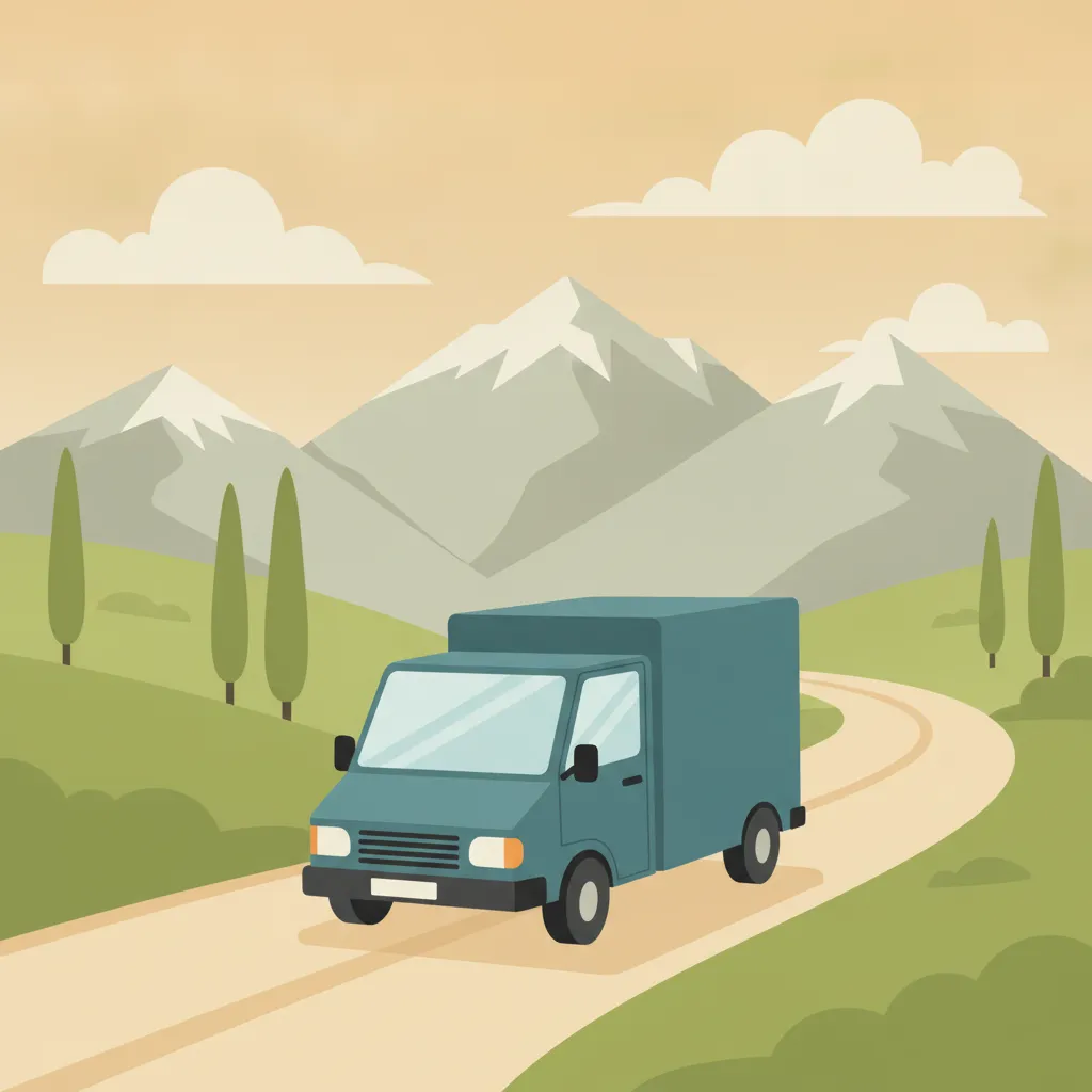 Comic-Illustration: kleiner blauer Transporter fährt vor Brenner-Bergpanorama mit Zypressen – Beiladung von München nach Italien