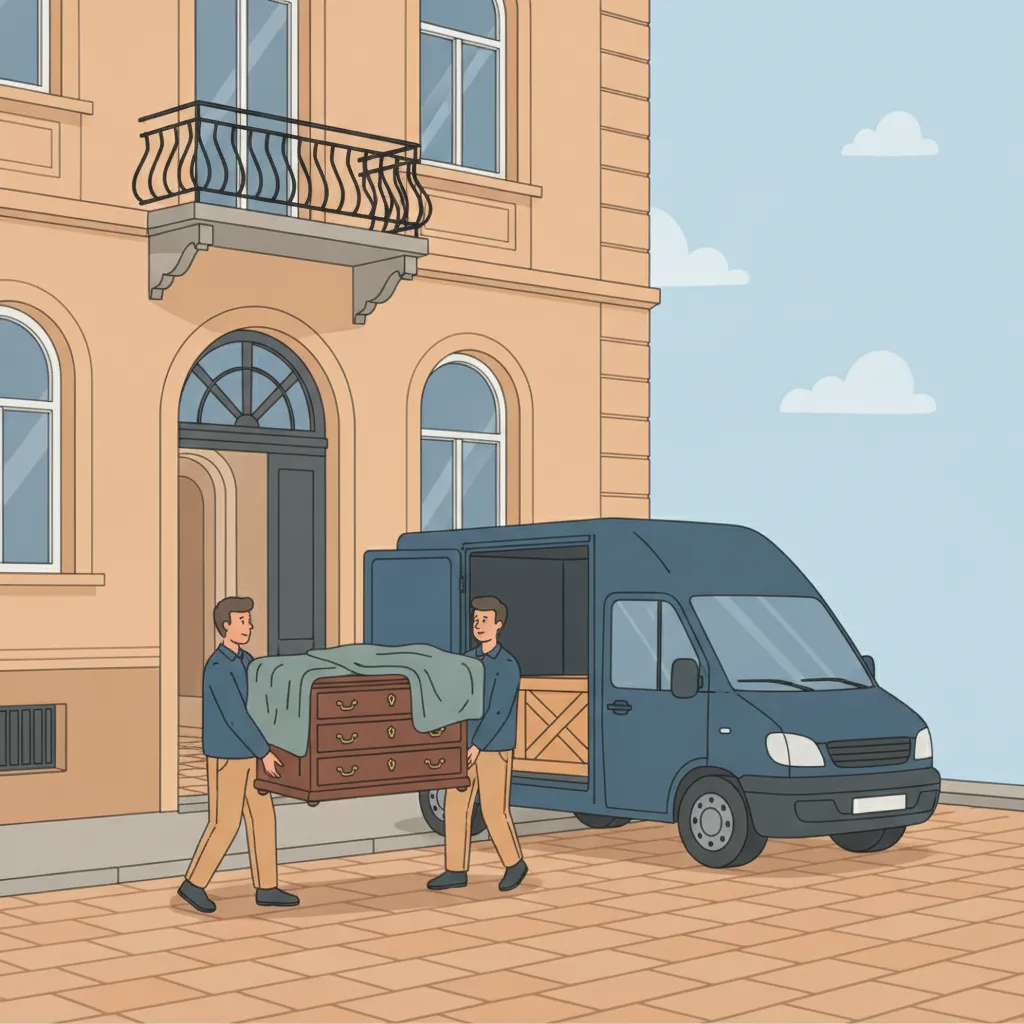 Comic-Illustration: zwei Träger heben eine in Polster verpackte antike Kommode behutsam aus dem Transporter vor einem Münchner Gründerzeit-Altbau – Antiquitätentransport in München