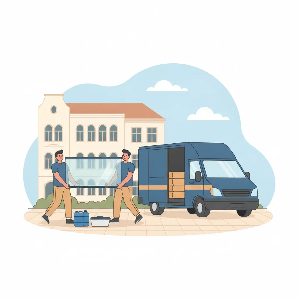 Comic-Illustration: zwei Träger transportieren ein leeres Aquarium und Kanister mit Altwasser zum Transporter vor einem Münchner Gründerzeit-Altbau – Aquariumtransport in München