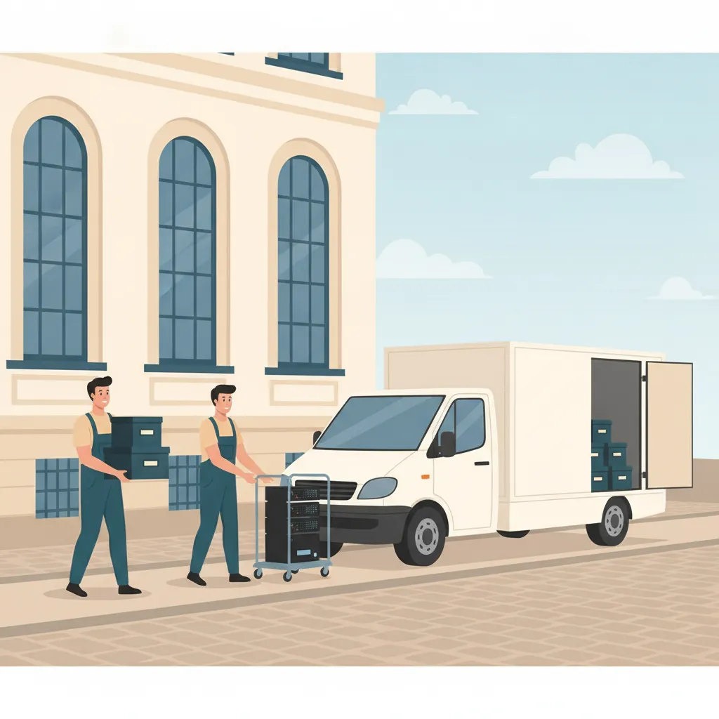 Comic-Illustration: zwei Träger bringen beschriftete Aktenboxen und einen IT-Rollcontainer aus einem Münchner Amtsgebäude zum Umzugs-Lkw – Behördenumzug in München