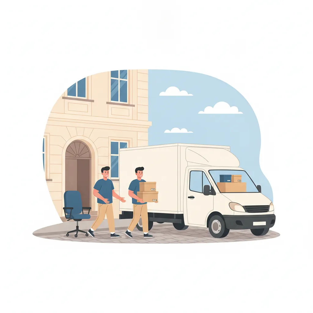 Comic-Illustration: zwei Träger bringen einen Bürostuhl und einen IT-Rollcontainer aus einem Münchner Gründerzeit-Bürohaus zum Umzugs-Lkw – Büroumzug in München