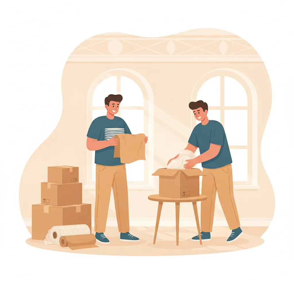 Comic-Illustration: zwei Packer polstern Geschirr und packen Umzugskartons in einer Münchner Altbauwohnung – Ein- und Auspackservice in München