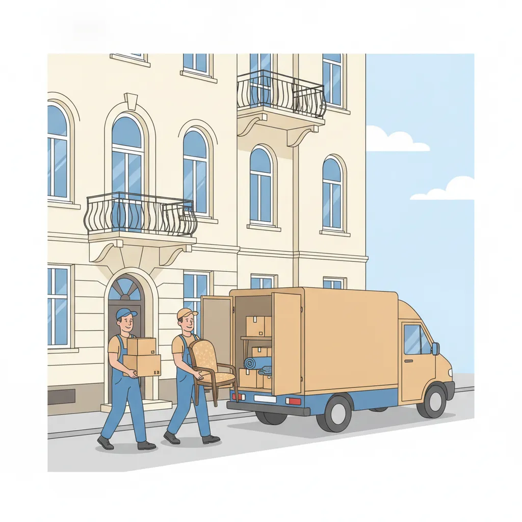 Comic-Illustration: zwei Helfer tragen Kisten und alte Möbel aus einem Münchner Altbau zum Transporter – Entrümpelung in München