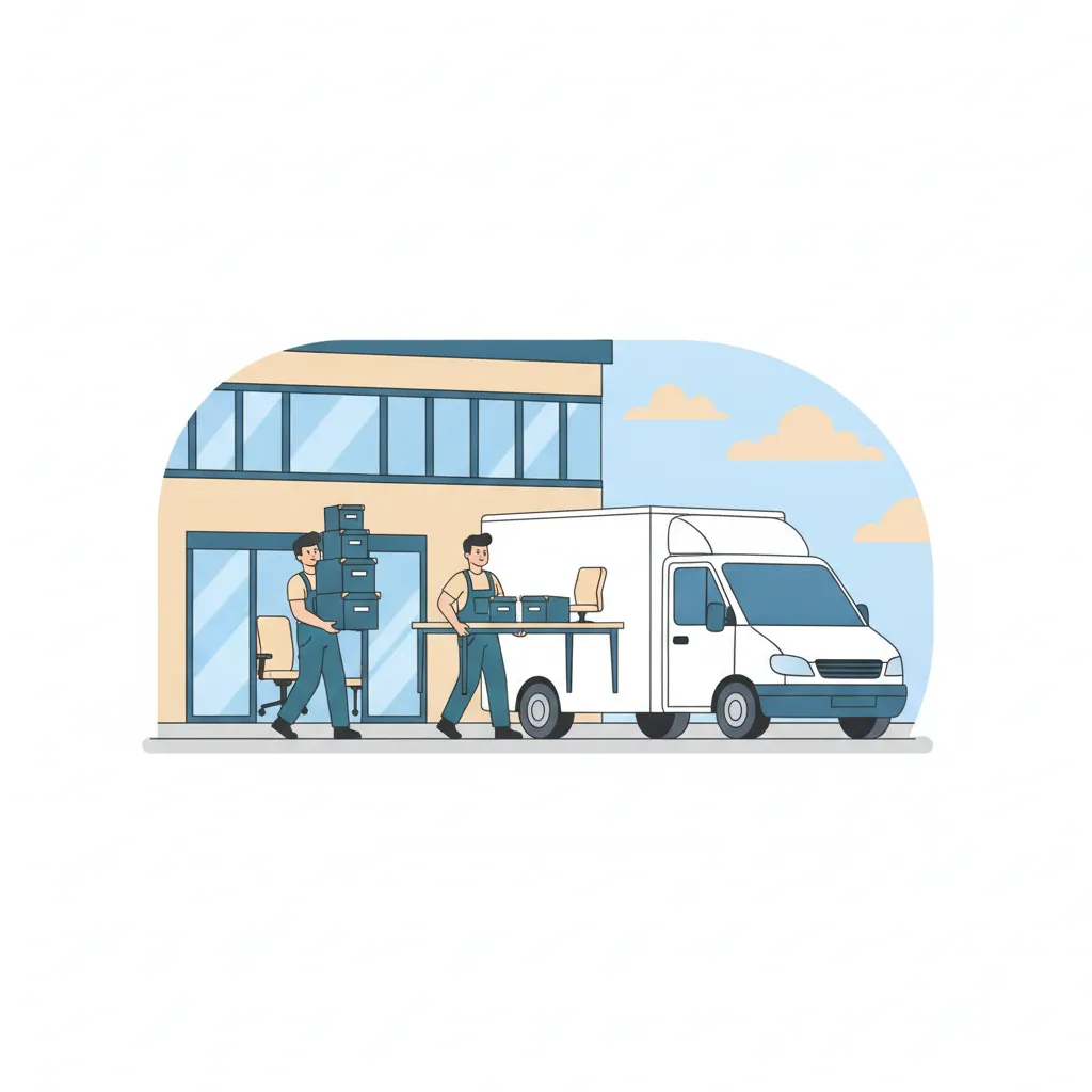 Comic-Illustration: zwei Umzugsprofis tragen Büromöbel und Aktenkartons vom Möbel-Lkw in ein Münchner Bürogebäude – Firmenumzug in München