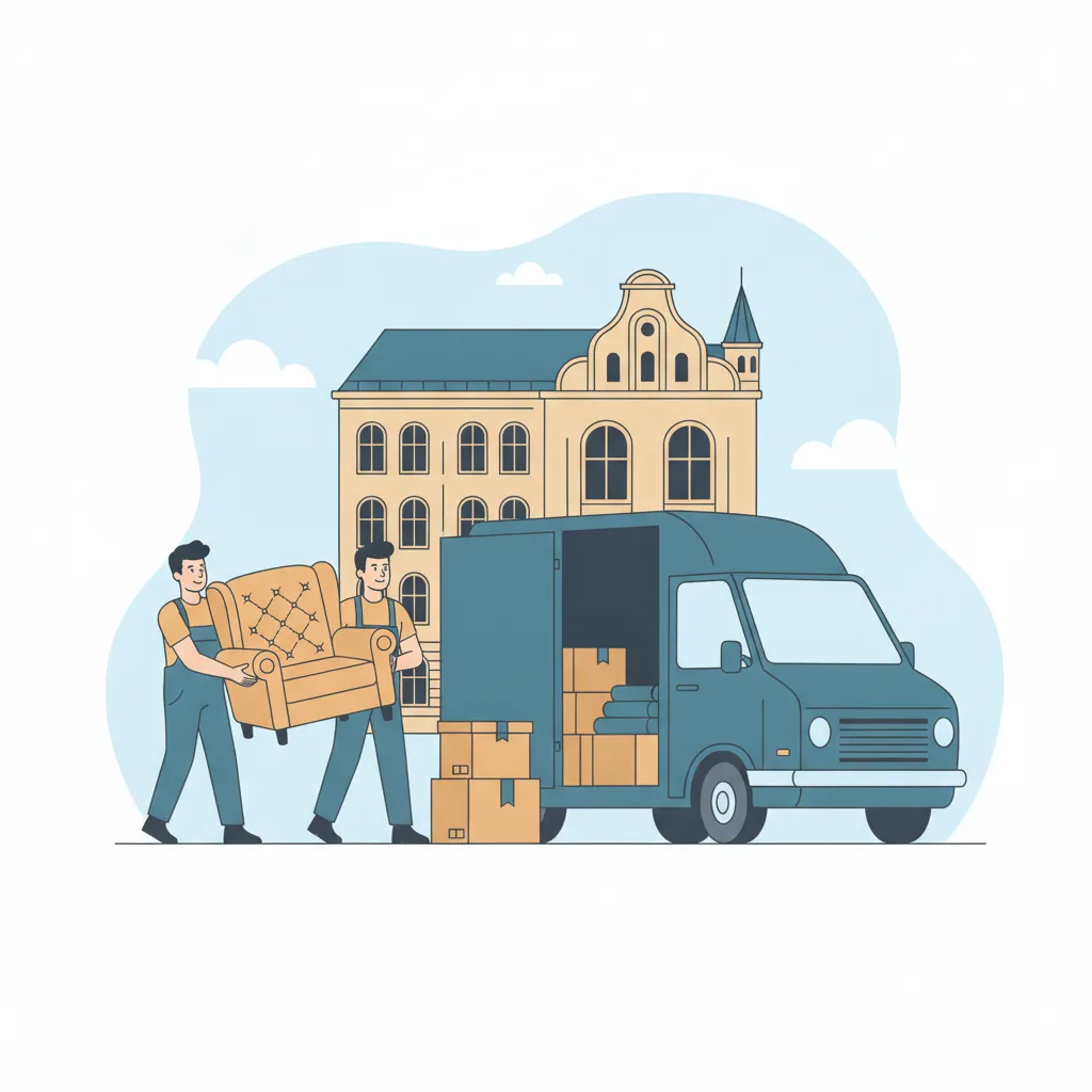 Comic-Illustration: zwei Träger verladen wenige Kartons und ein Möbelstück in einen teilbeladenen Umzugswagen vor einem Münchner Gründerzeit-Altbau – günstiger Umzug München per Beiladung