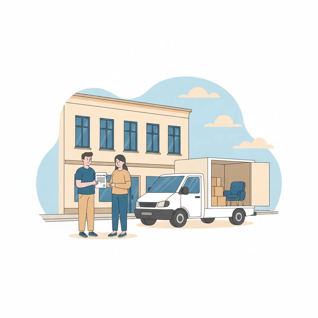 Comic-Illustration: ein Berater reicht einem Bürgergeld-Empfänger einen einreichfertigen Kostenvoranschlag, im Hintergrund ein teilbeladener Umzugswagen vor einem Münchner Gründerzeit-Altbau – Jobcenter-Umzug München