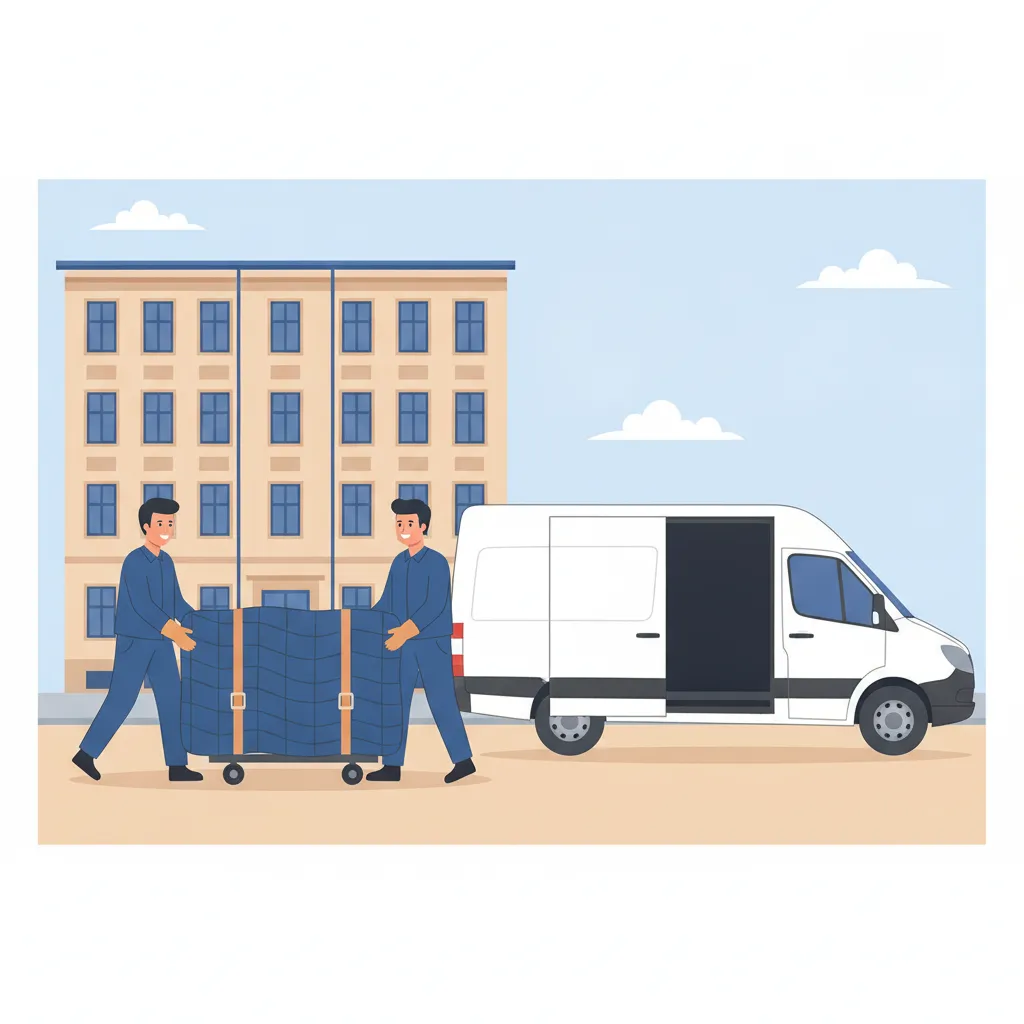 Comic-Illustration: zwei Träger bewegen ein gepolstertes Klavier auf einem Klavierroller zum Transporter vor einem Münchner Gründerzeit-Altbau – Klaviertransport in München