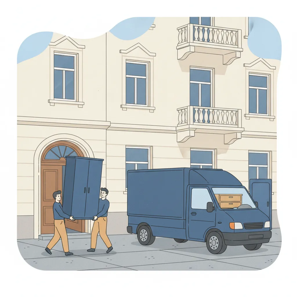 Comic-Illustration: zwei Träger bringen einen Schrank vom kleinen Transporter zur Haustür eines Münchner Gründerzeit-Altbaus – Kleintransport in München