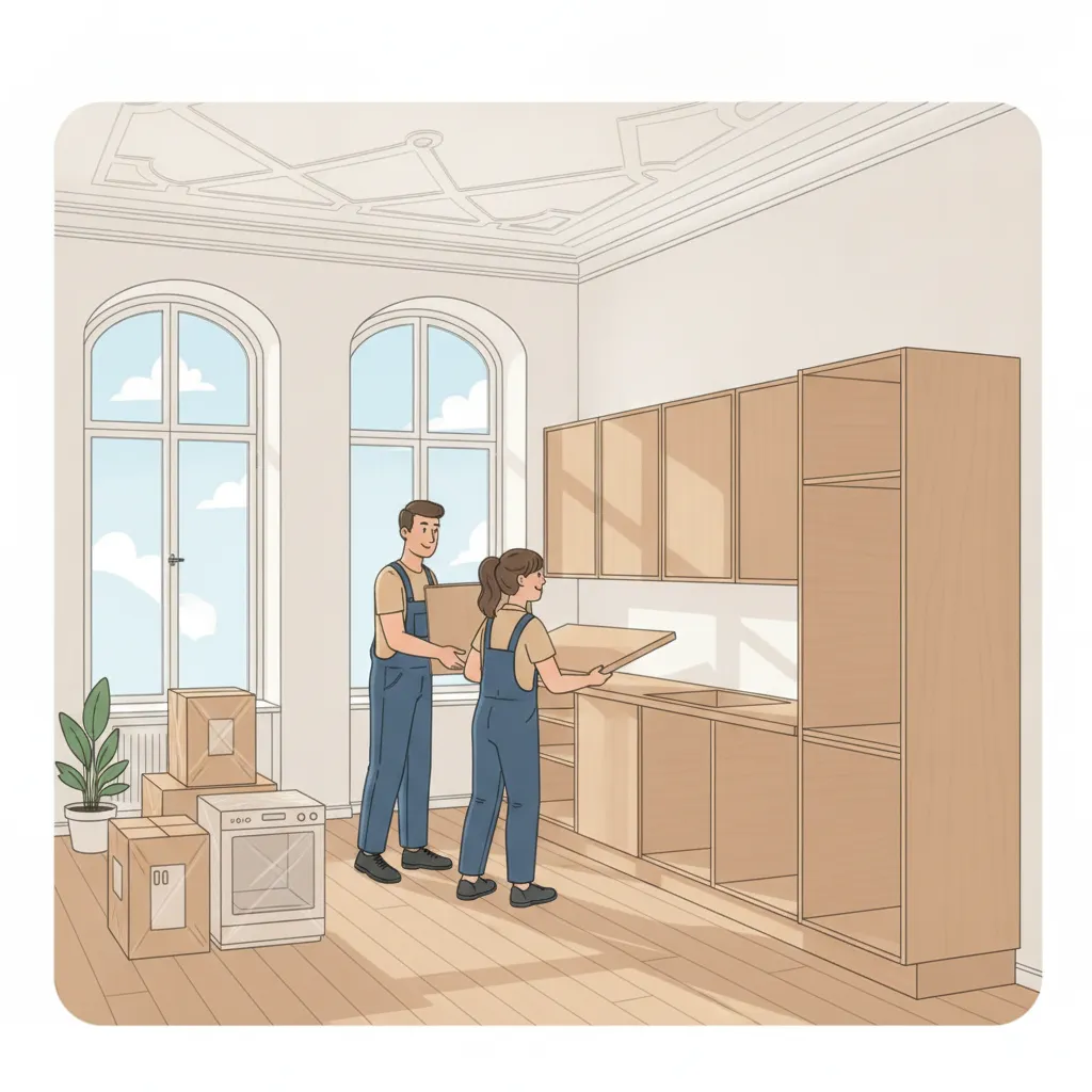 Comic-Illustration: zwei Monteure bauen eine Einbauküche in einer Münchner Altbauwohnung auf – Küchenumzug in München