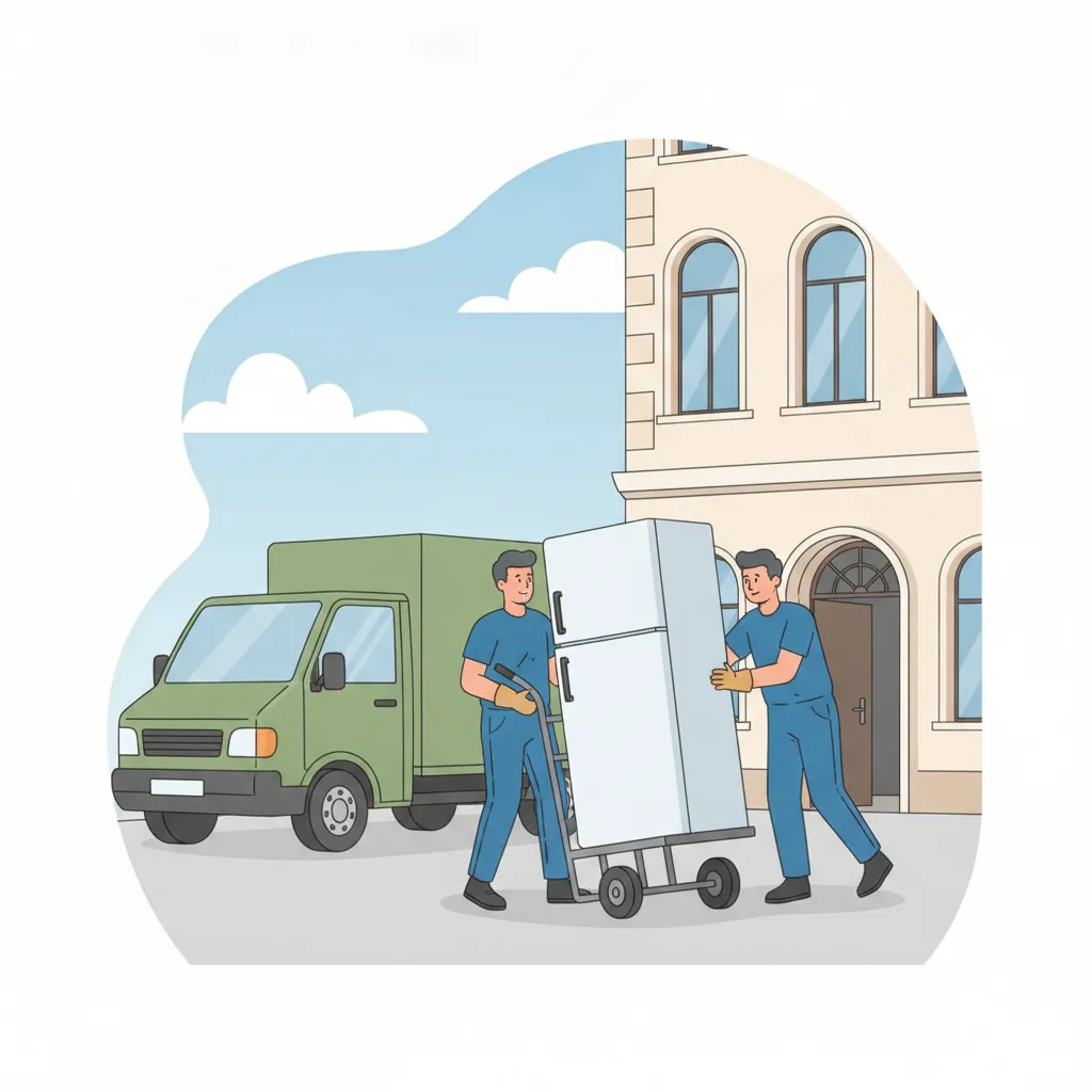 Comic-Illustration: zwei Träger tragen einen stehenden Kühlschrank mit Sackkarre vom Transporter zur Haustür eines Münchner Altbaus – Kühlschrank Transport in München