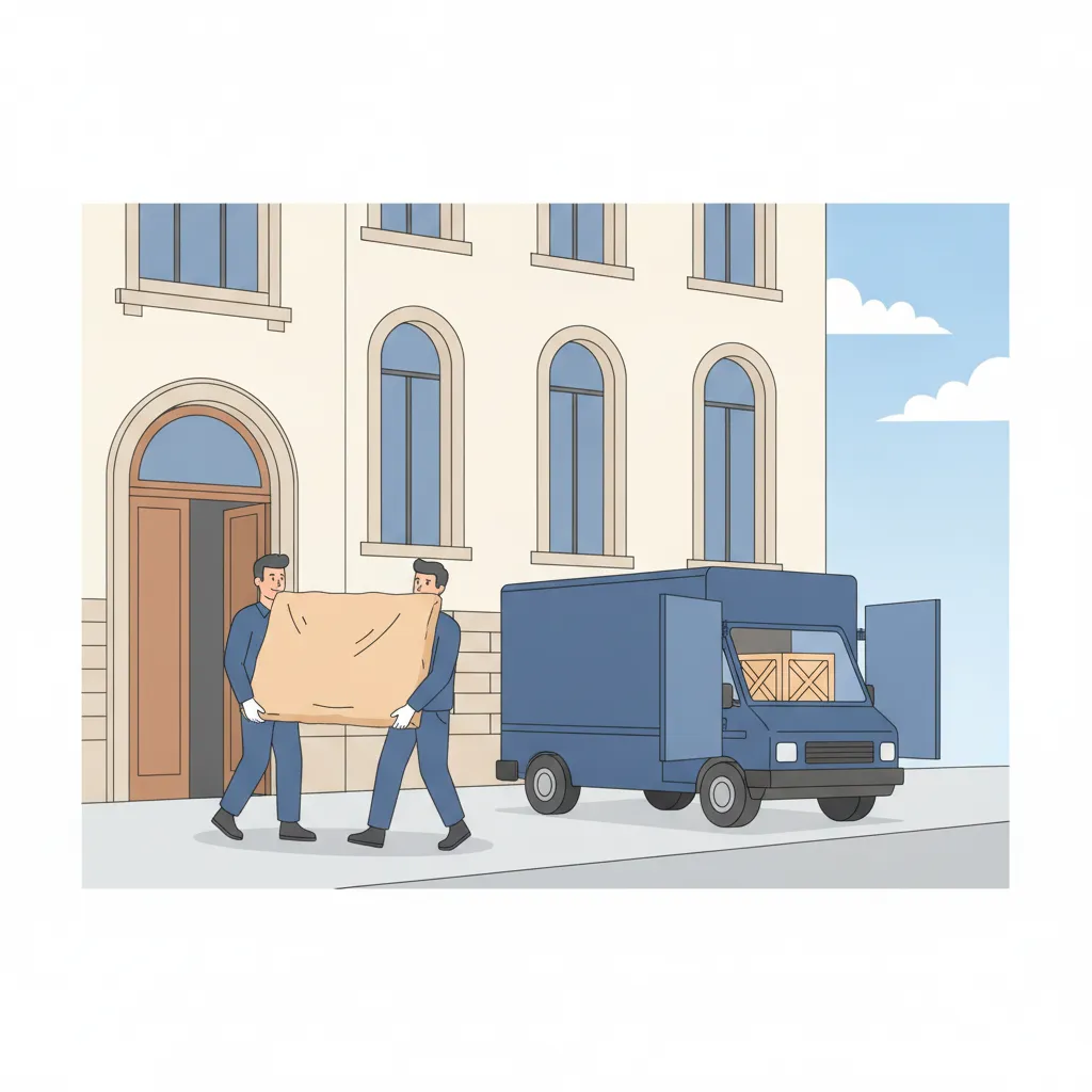 Comic-Illustration: zwei Spezialisten tragen ein sorgfältig verpacktes großes Gemälde vom Transporter zur Galerie im Münchner Kunstareal – Kunsttransport in München