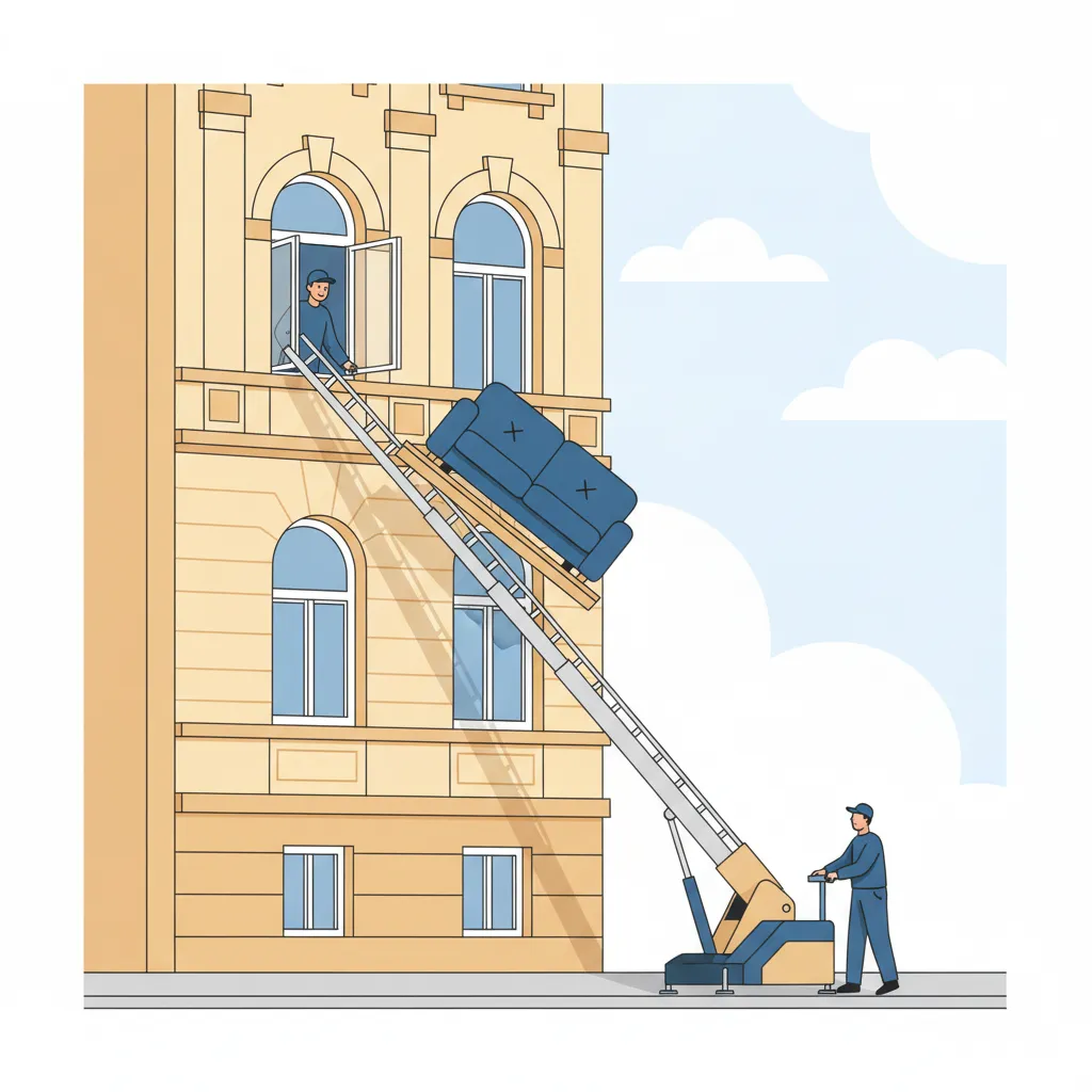 Comic-Illustration: ein Außenaufzug steht an der Fassade eines Münchner Gründerzeit-Altbaus, eine Plattform hebt ein Sofa zum geöffneten Fenster im oberen Stockwerk – Möbellift in München