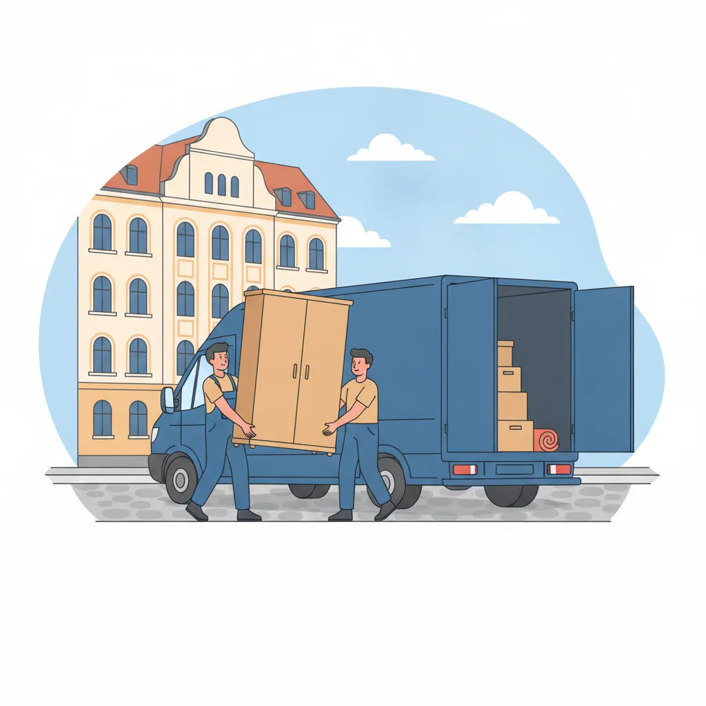 Comic-Illustration: zwei Träger laden einen Kleiderschrank als Beiladung in einen Transporter vor einem Münchner Gründerzeit-Altbau – Möbelmitfahrzentrale München