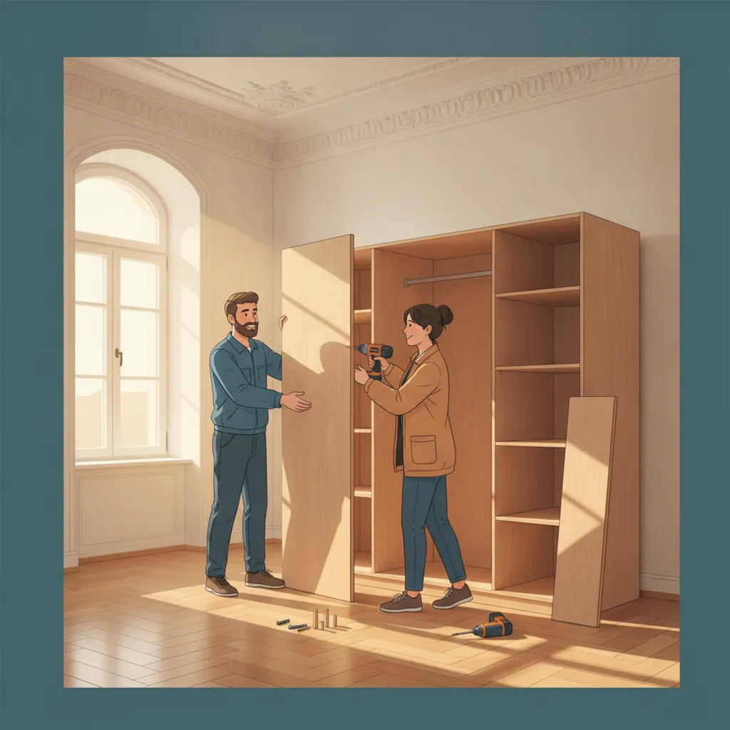 Comic-Illustration: zwei Monteure bauen in einer Münchner Altbauwohnung gemeinsam einen großen Kleiderschrank auf – Möbelmontage in München