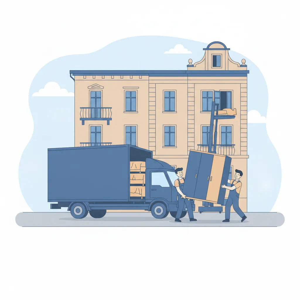 Comic-Illustration: zwei Möbelpacker tragen gemeinsam einen Schrank zum Möbelwagen vor einem Münchner Gründerzeit-Altbau – Möbelspedition in München