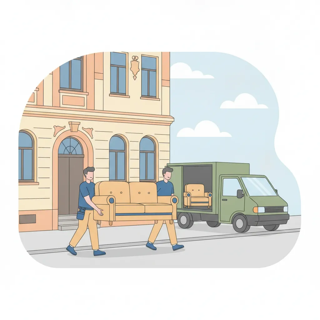 Comic-Illustration: zwei Träger tragen gemeinsam ein Sofa vom kleinen Möbeltaxi-Transporter zum Eingang eines Münchner Gründerzeit-Altbaus – Möbeltaxi in München