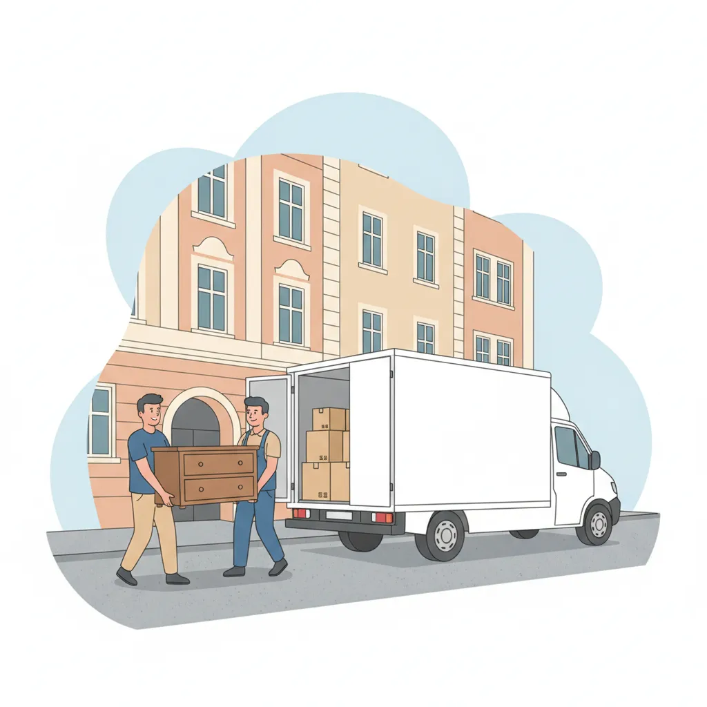 Comic-Illustration: zwei Umzugshelfer tragen eine Kommode vom Umzugswagen in einen Münchner Gründerzeit-Altbau – Privatumzug in München