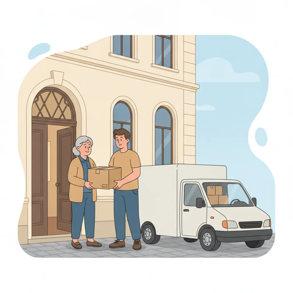 Comic-Illustration: ein freundlicher Umzugshelfer reicht einer älteren Dame vor einem Münchner Altbau einen Karton – einfühlsamer Seniorenumzug in München