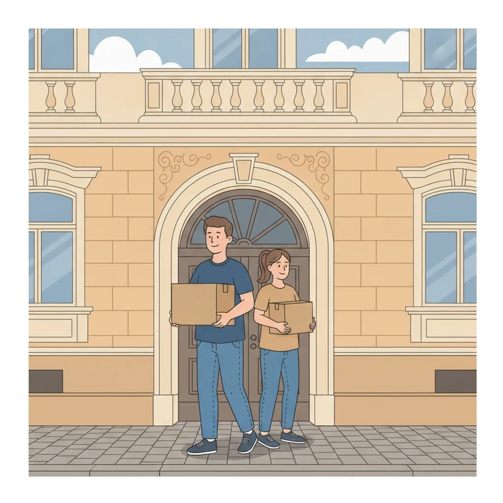 Comic-Illustration: zwei junge studentische Umzugshelfer tragen Umzugskartons vor einem Münchner Gründerzeit-Altbau – studentische Umzugshelfer in München