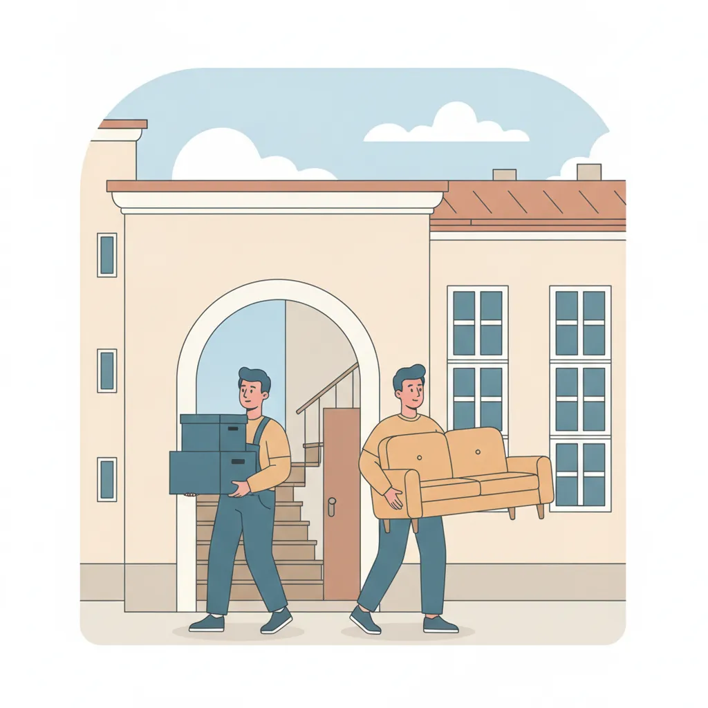 Comic-Illustration: zwei Helfer tragen Umzugskartons und ein Sofa aus einem Münchner Gründerzeit-Altbau – Tragehilfe in München ohne eigenes Fahrzeug