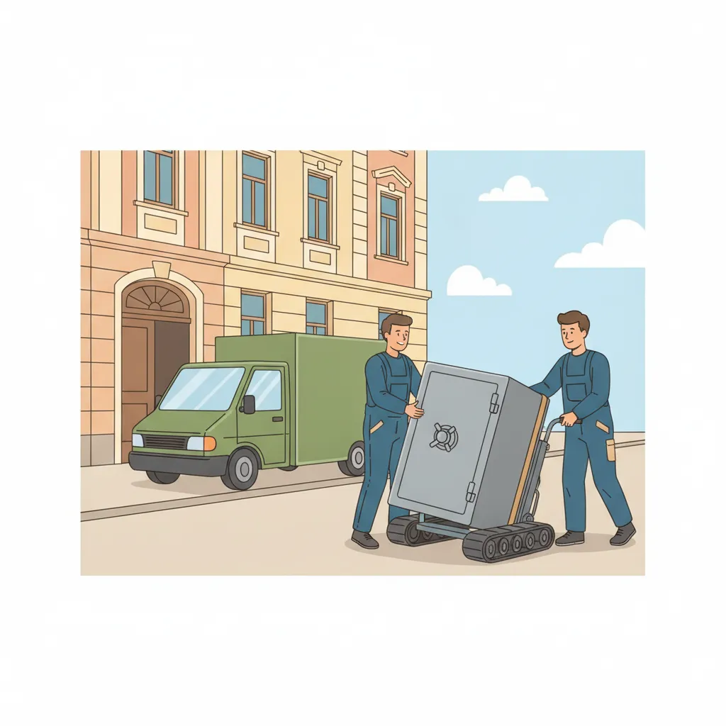 Comic-Illustration: zwei Spezialisten bewegen einen schweren Stahltresor mit Treppensteiger und Sicherungsgurten vor einem Münchner Gründerzeit-Altbau – Tresortransport in München