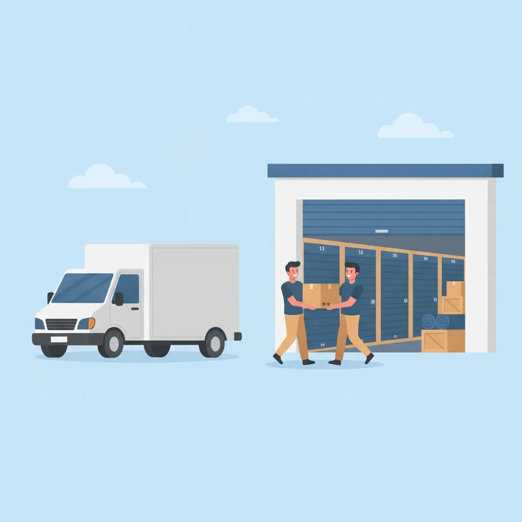 Comic-Illustration: zwei Umzugshelfer tragen einen Karton von einem Möbelwagen in eine Lagerbox mit nummerierten Abteilen – Umzug mit Lagerung in München