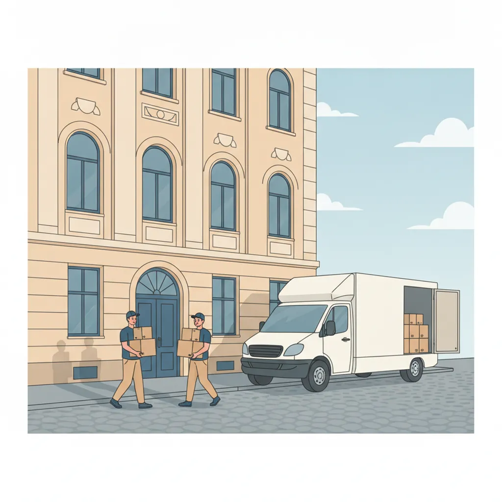 Comic-Illustration: zwei Umzugshelfer tragen am Samstagmorgen Kartons vom Umzugswagen in einen Münchner Gründerzeit-Altbau – Wochenend-Umzug in München