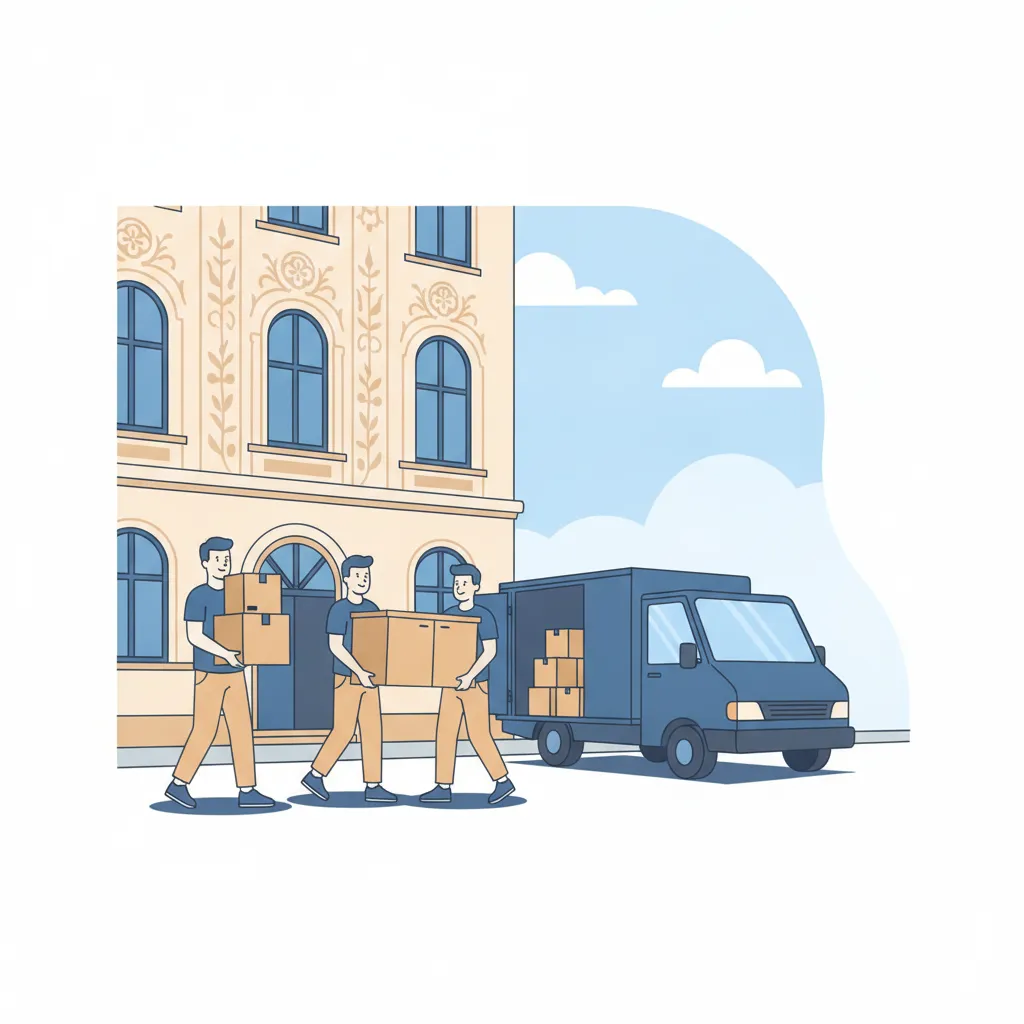 Comic-Illustration: zwei Umzugshelfer tragen gemeinsam einen Karton und einen Schrank vor einem Münchner Gründerzeit-Altbau – Umzugshelfer in München
