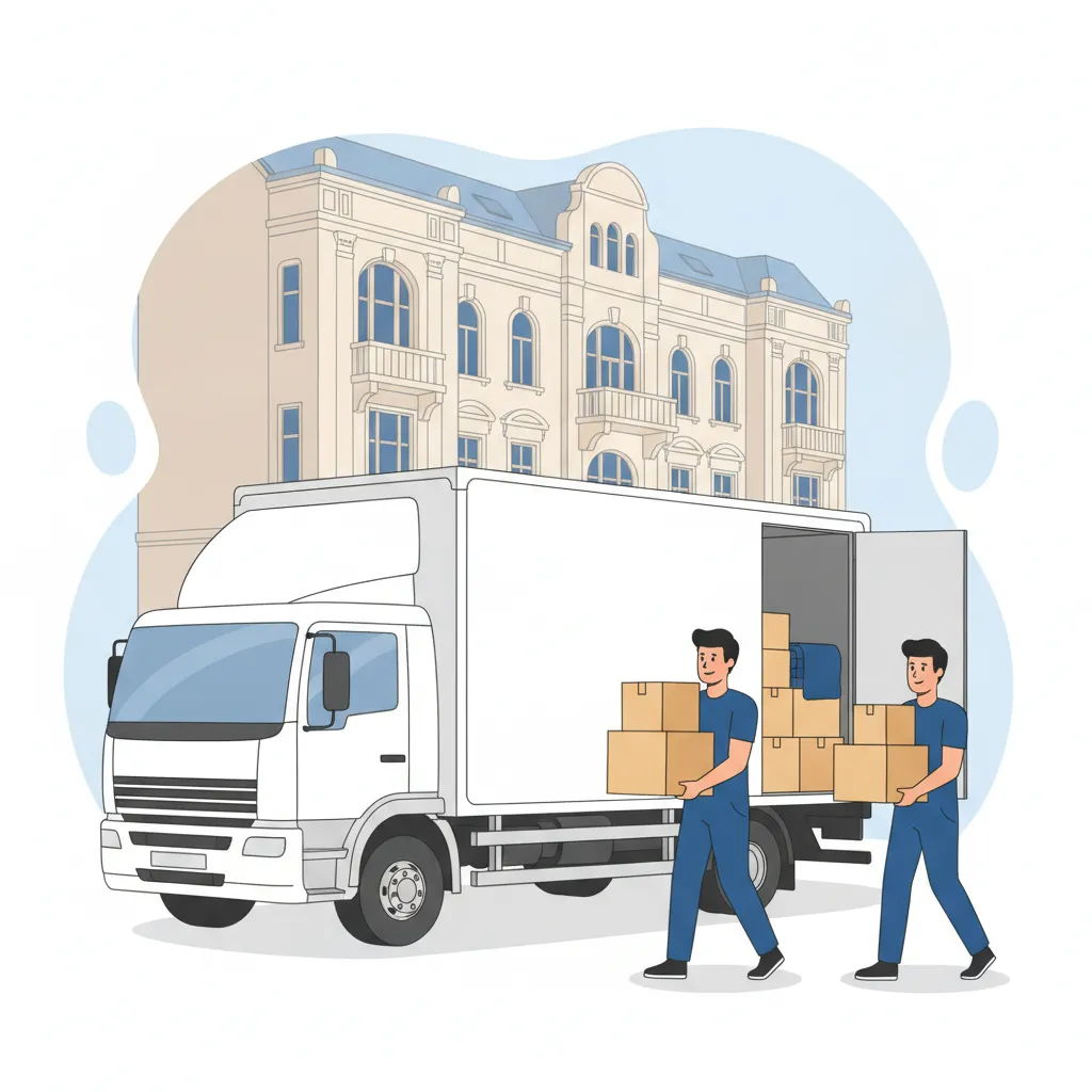Comic-Illustration: Umzugsteam trägt Kartons aus einem Möbelwagen vor einem Münchner Gründerzeit-Altbau – Umzugsunternehmen in München