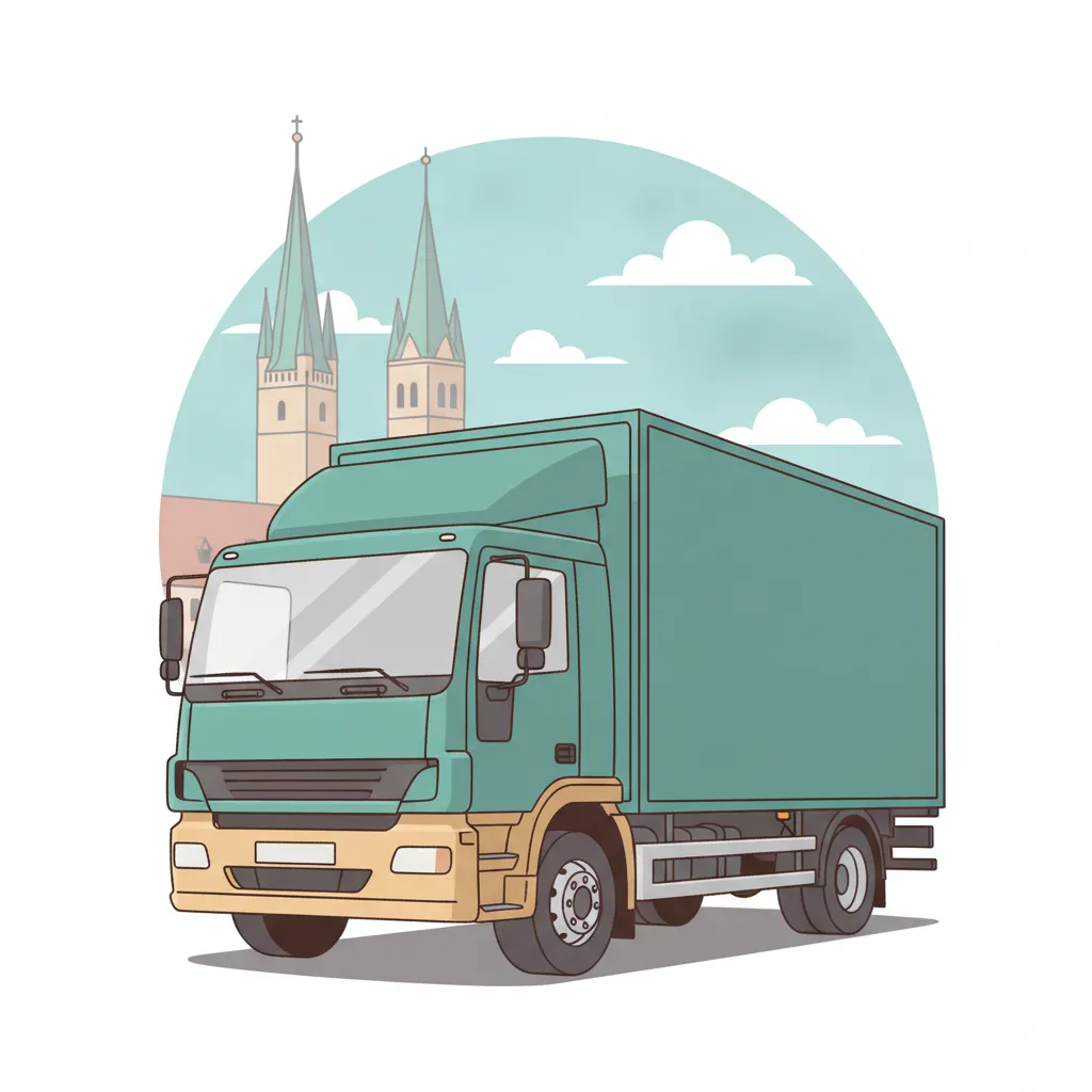 Comic-Illustration: geschlossener Umzugstransporter erreicht Augsburg – Beiladung von München nach Augsburg