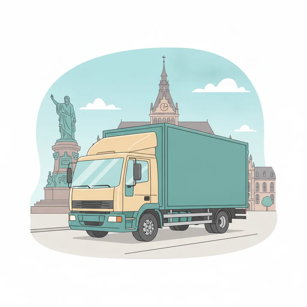 Comic-Illustration: geschlossener Umzugstransporter erreicht Bremen – Beiladung von München nach Bremen