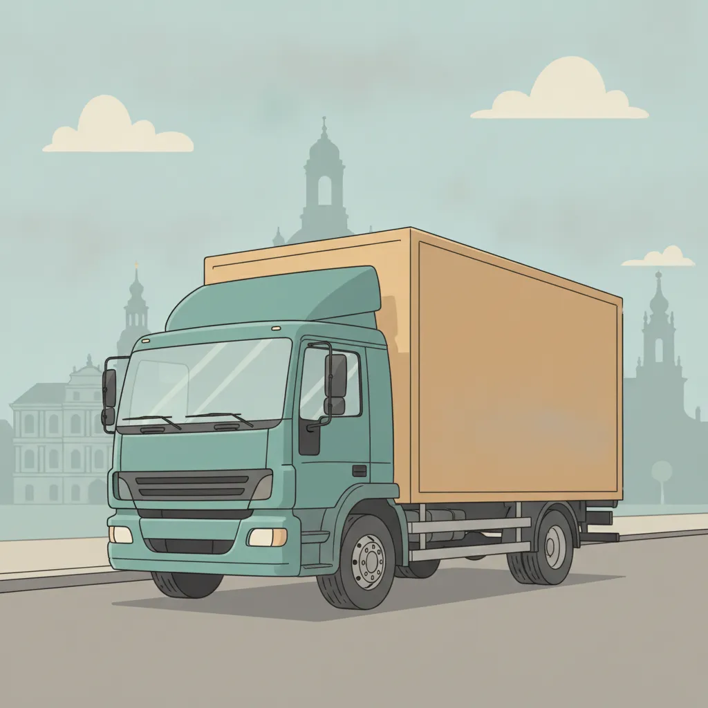 Comic-Illustration: geschlossener Umzugstransporter erreicht Dresden – Beiladung von München nach Dresden