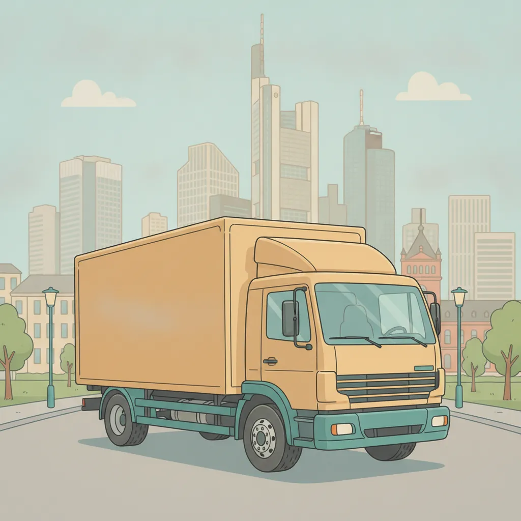 Comic-Illustration: geschlossener Umzugstransporter erreicht Frankfurt – Beiladung von München nach Frankfurt