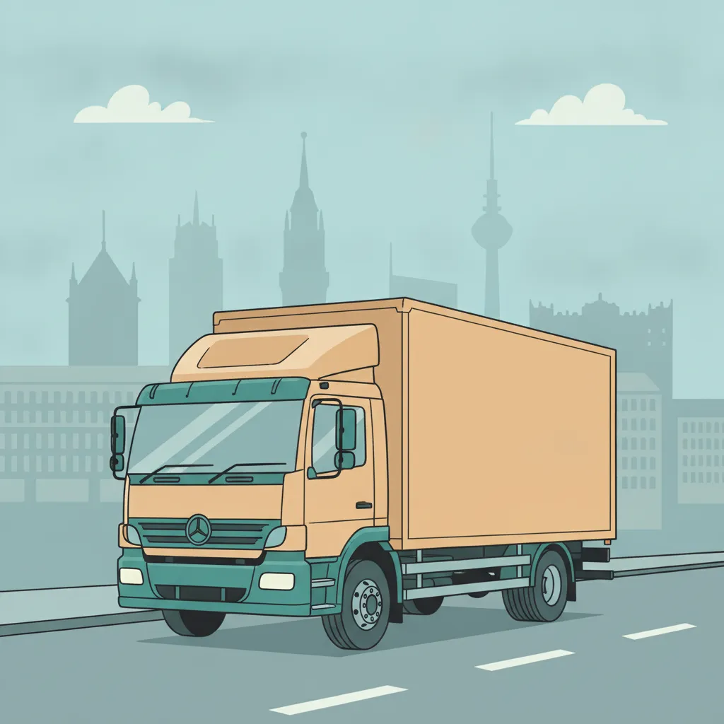 Comic-Illustration: geschlossener Umzugstransporter erreicht Hamburg – Beiladung von München nach Hamburg