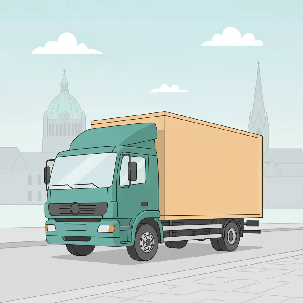 Comic-Illustration: geschlossener Umzugstransporter erreicht Hannover – Beiladung von München nach Hannover