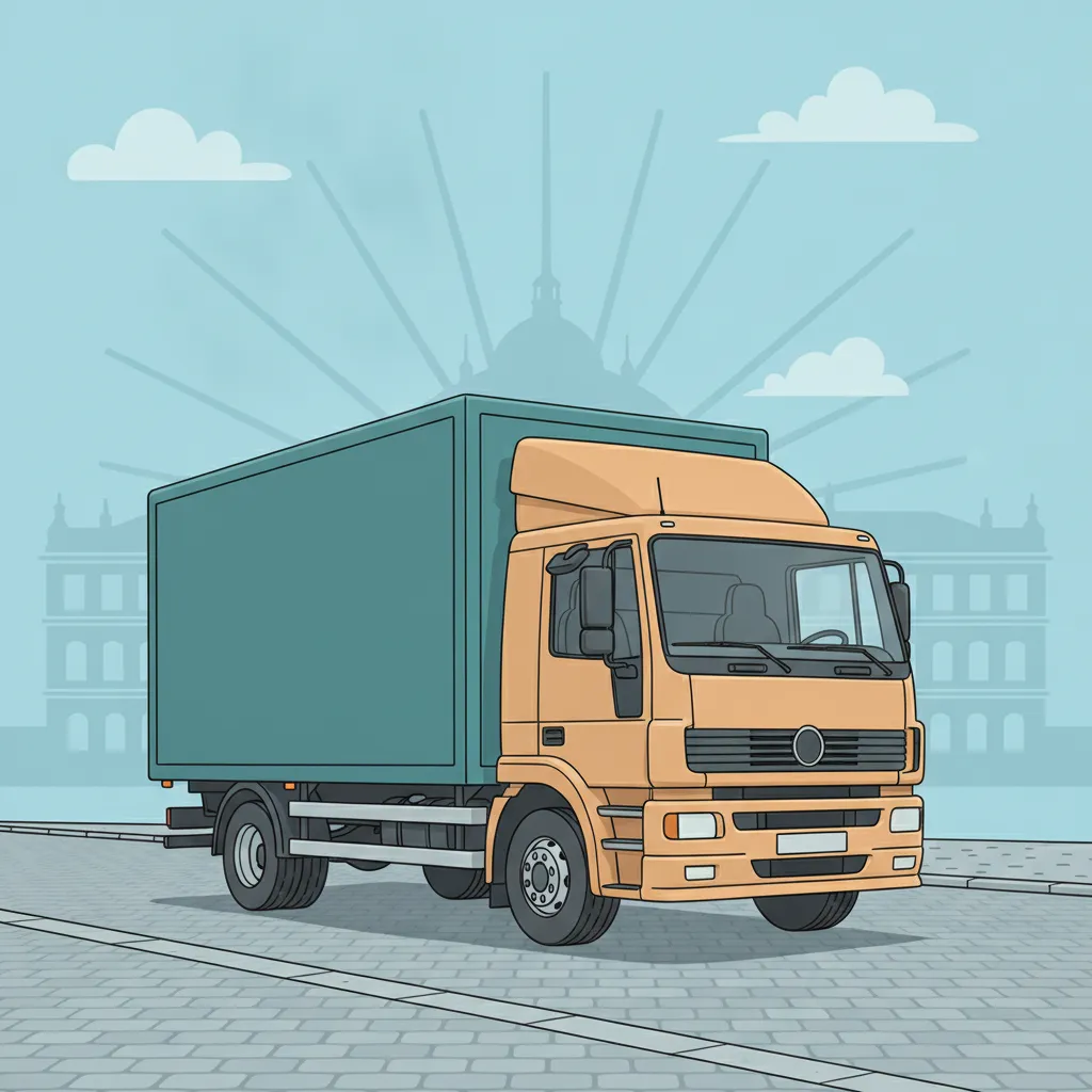 Comic-Illustration: geschlossener Umzugstransporter erreicht Karlsruhe – Beiladung von München nach Karlsruhe