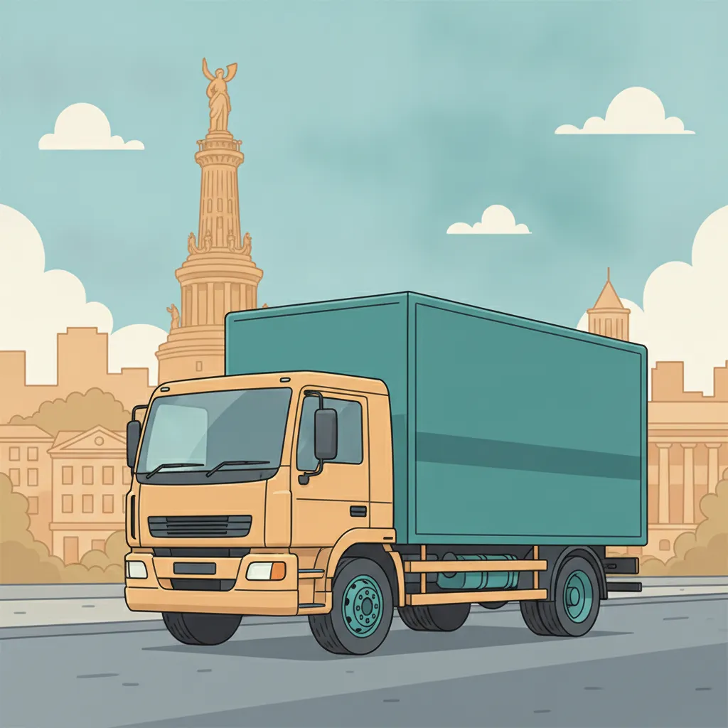 Comic-Illustration: geschlossener Umzugstransporter erreicht Kassel – Beiladung von München nach Kassel