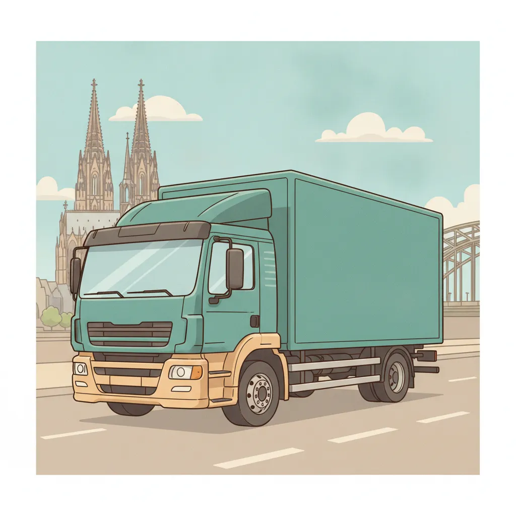 Comic-Illustration: geschlossener Umzugstransporter erreicht Köln – Beiladung von München nach Köln