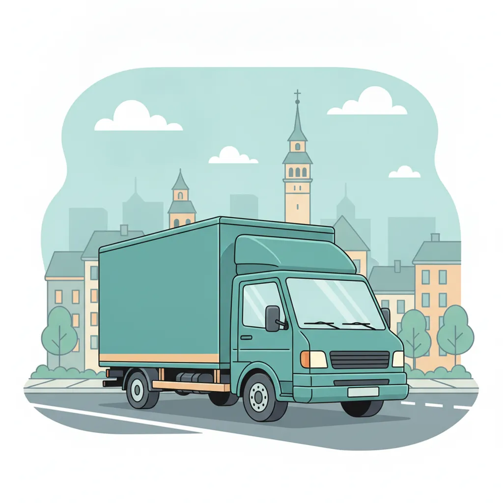 Comic-Illustration: geschlossener Umzugstransporter erreicht Krefeld – Beiladung von München nach Krefeld