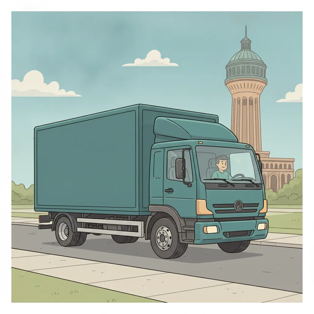 Comic-Illustration: geschlossener Umzugstransporter erreicht Mannheim – Beiladung von München nach Mannheim