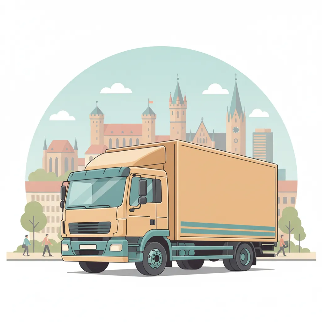 Comic-Illustration: geschlossener Umzugstransporter erreicht Nürnberg – Beiladung von München nach Nürnberg
