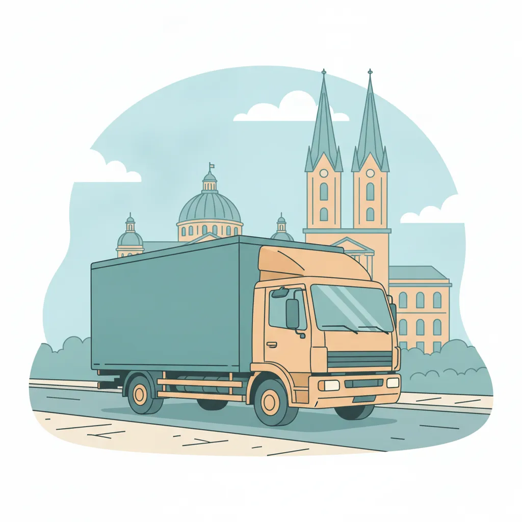 Comic-Illustration: geschlossener Umzugstransporter erreicht Wiesbaden – Beiladung von München nach Wiesbaden